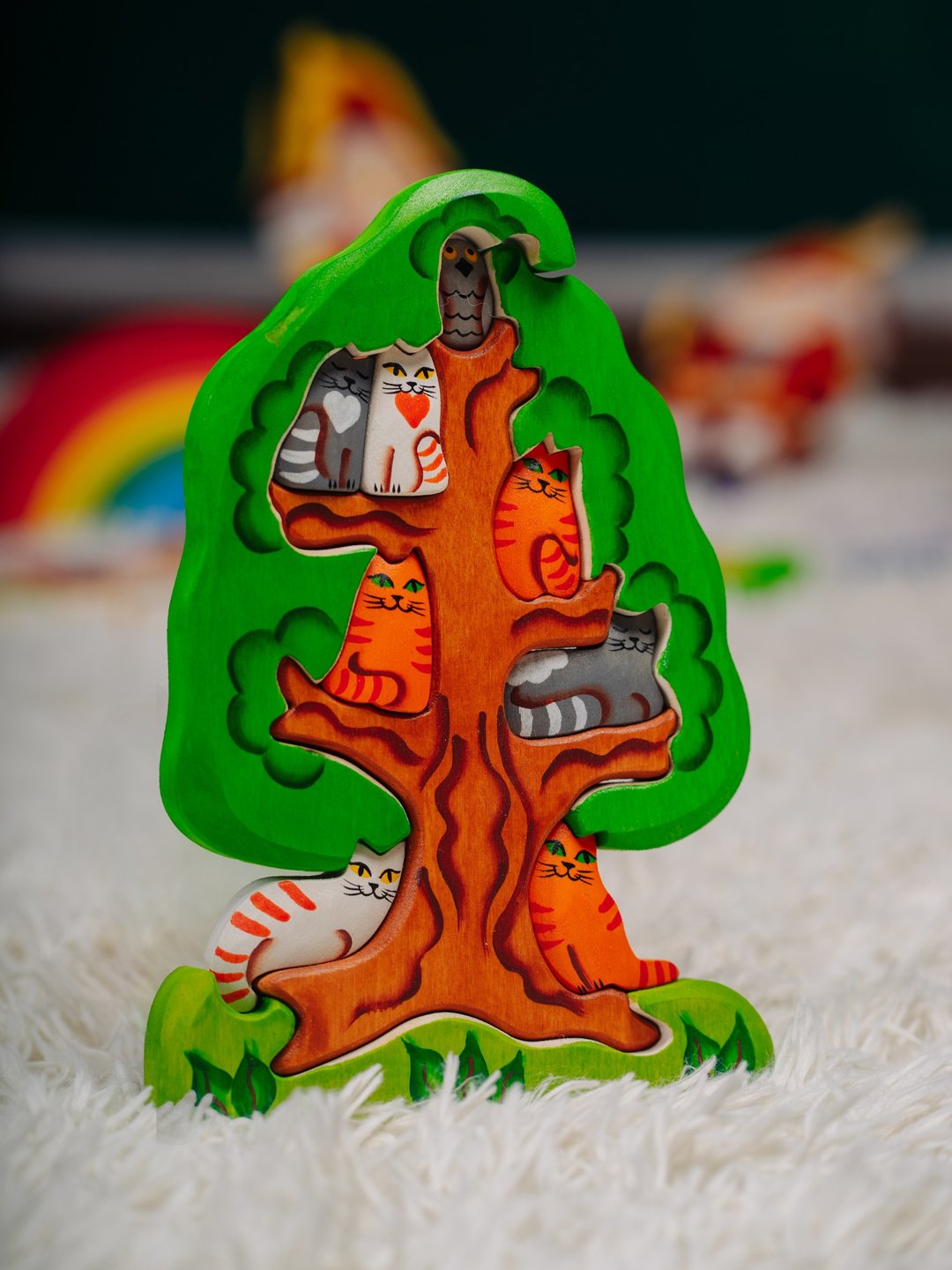 3D Cats Wooden Puzzle Baby Toys For Learning, Wooden Animal Games Nature Puzzle - 满月礼盒 - 木头 多色