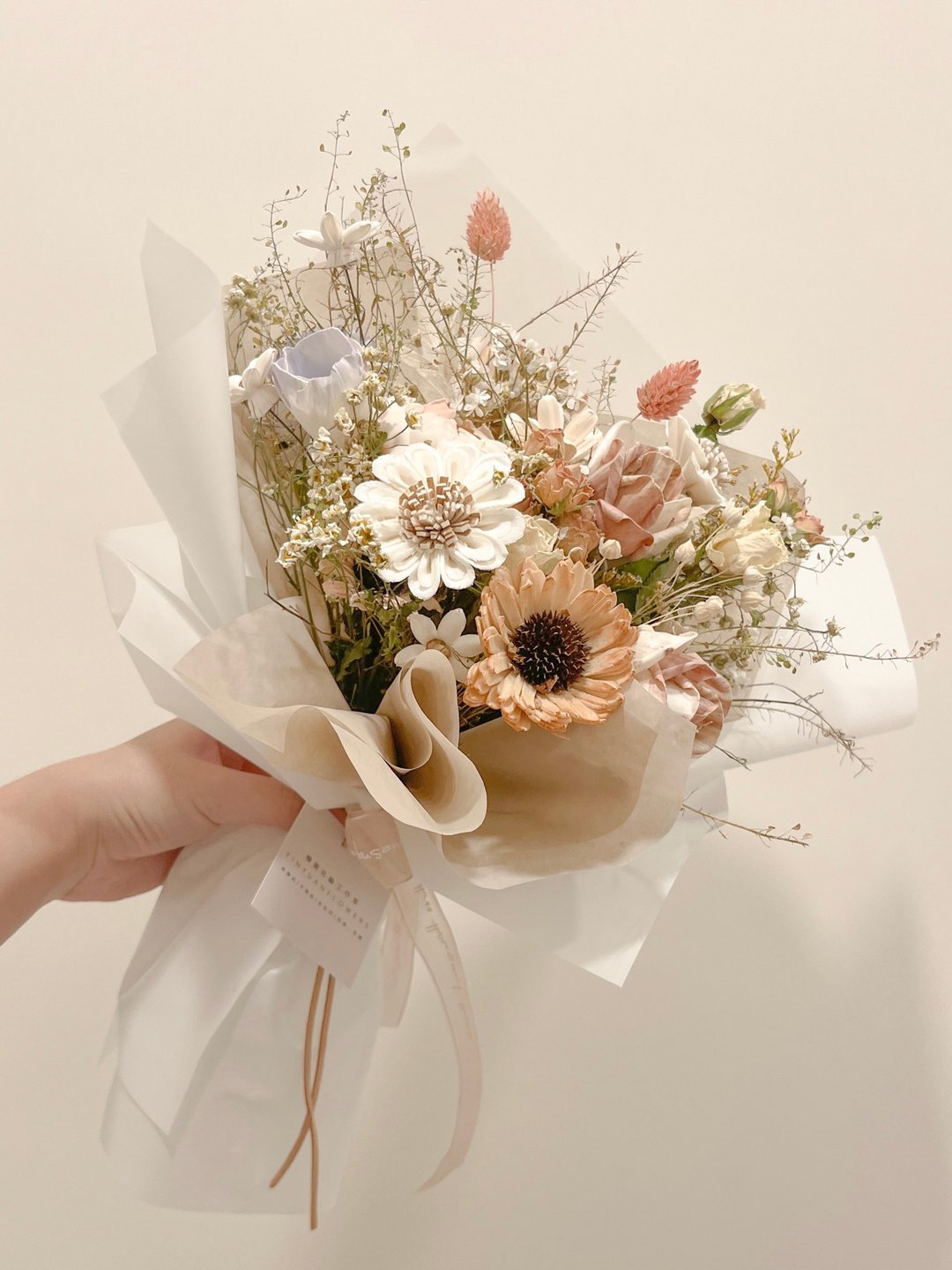 【木玫瑰珍珠草】附赠手写小卡 韩式绑花 情人节 纪念日 生日 - 干燥花/捧花 - 植物．花 白色