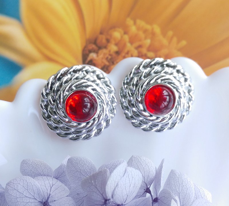 Vintage Jewelry 西洋古董饰品 银色调 红 针式耳环 - 耳环/耳夹 - 其他金属 透明
