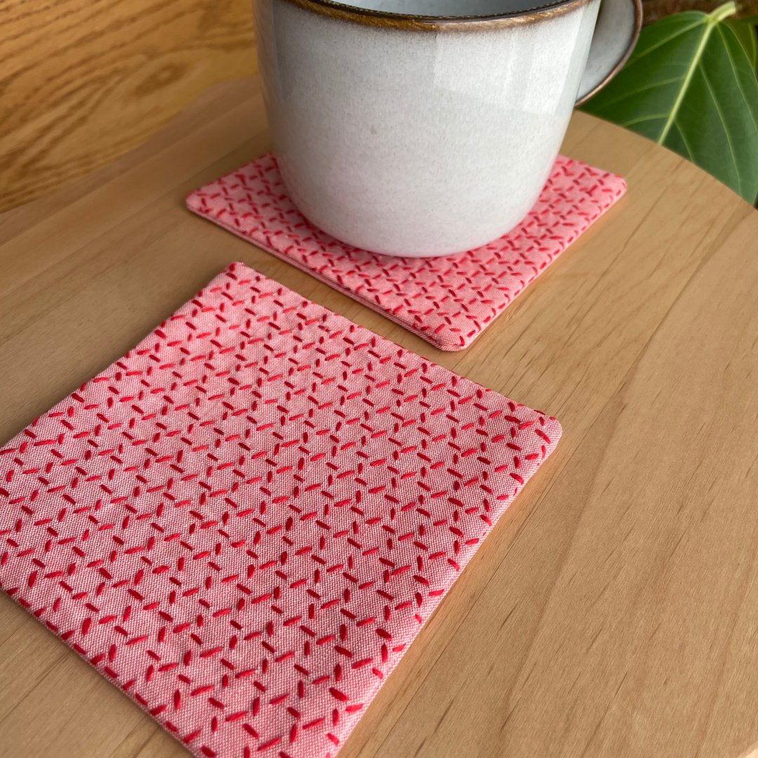 2 件套 Sashiko 杯垫，篮式编织，红色，可水洗，刺绣，刺绣杯架，礼物，生日，厨房，咖啡，咖啡厅，日本制造 - 杯垫 - 棉 红色