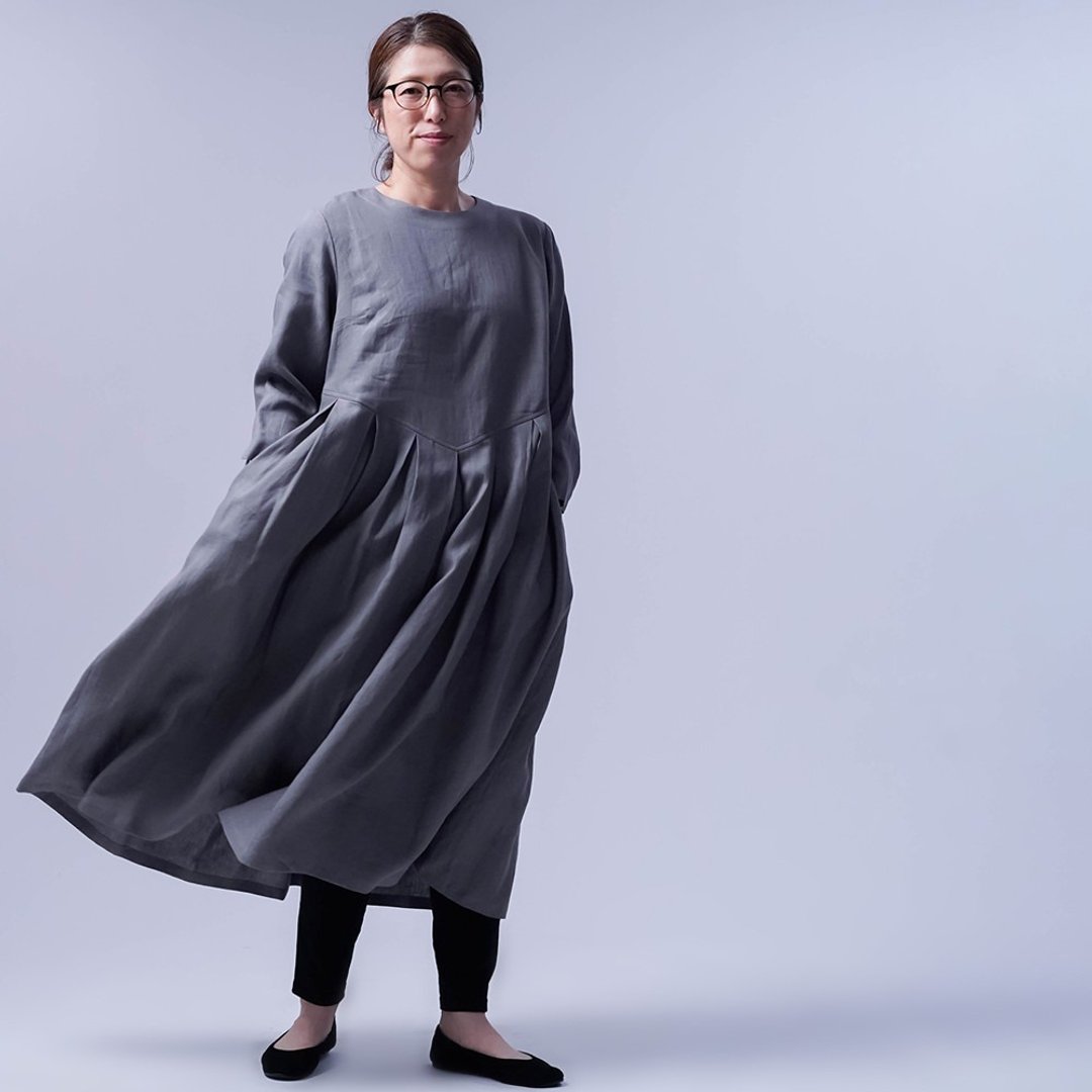 wafu - 純亞麻洋裝 Lightweight Linen Flared Dress / Iron a013o-nib1 - 洋装/连衣裙 - 亚麻 灰色