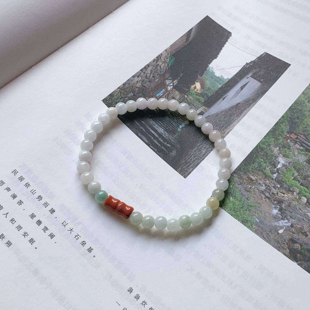 入帘青。天然翡翠复古手链 渐变 南红竹节手串 玉石玛瑙文艺平安 - 手链/手环 - 玉石 绿色