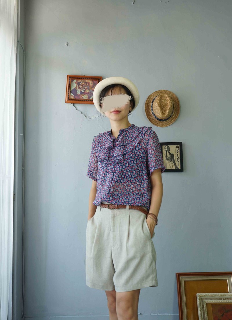 寻宝古着-浪漫薰衣草紫雪纺印花波浪领复古衬衫 - 女装衬衫 - 聚酯纤维 紫色