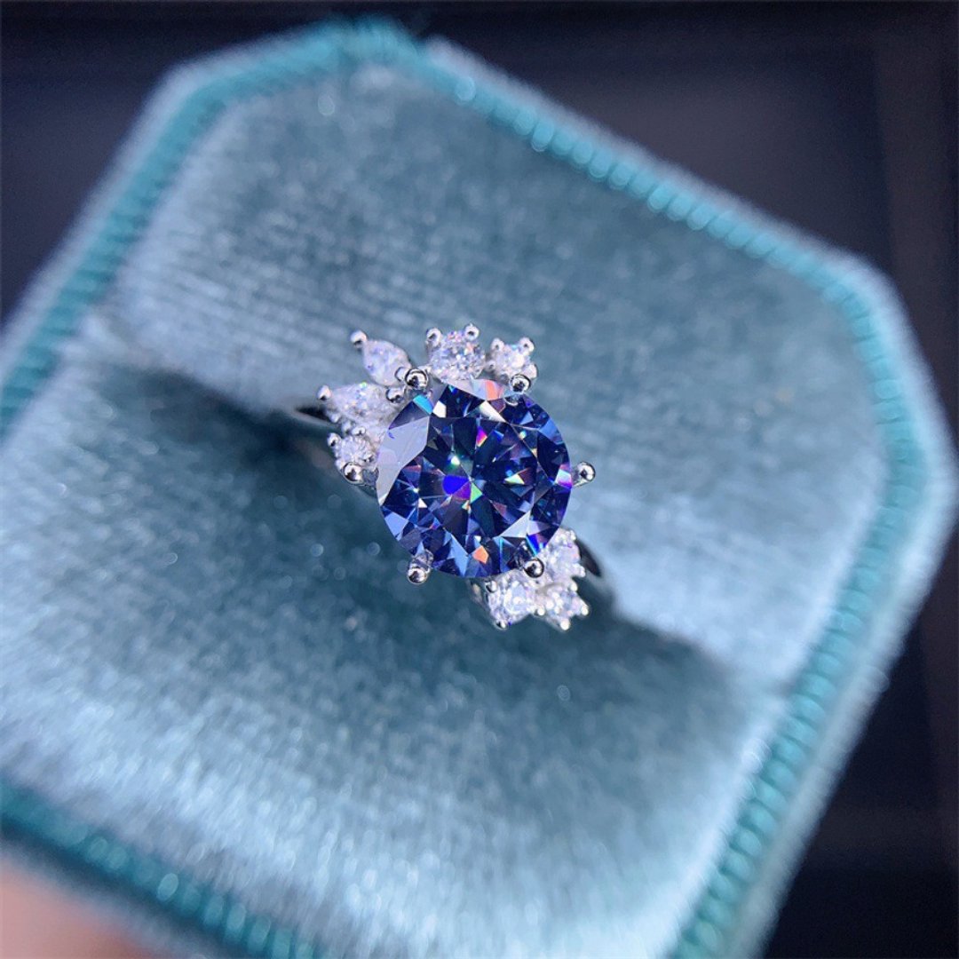 Blue Moissanite Ring, 1 Ct Moissanite Ring, Crackling Moissanite Ring - 戒指 - 其他金属 