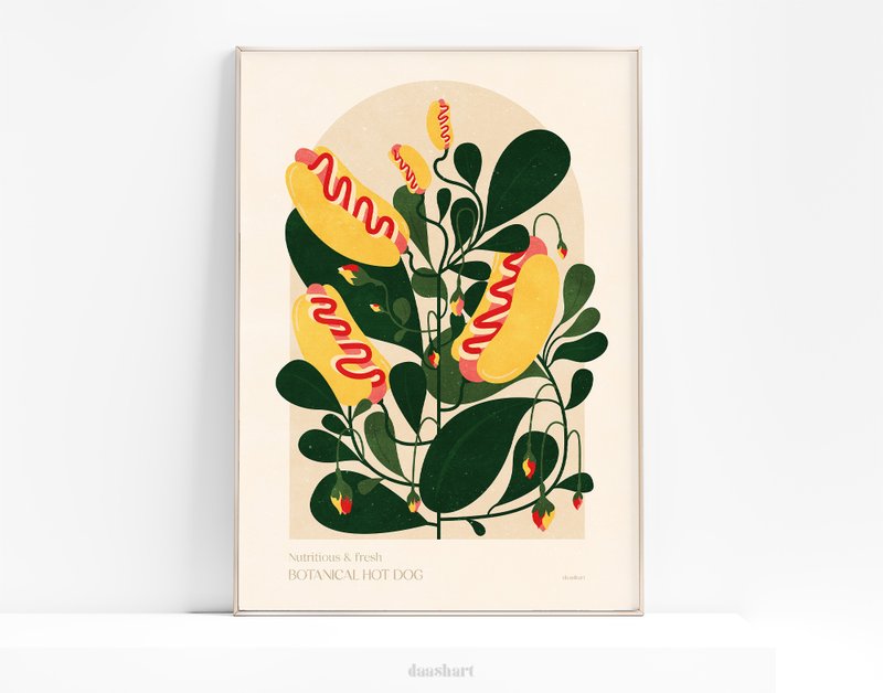 植物复古热狗海报芥末番茄酱快餐可印刷墙艺术 - 电子手绘真人画像/绘画/插画 - 其他材质 