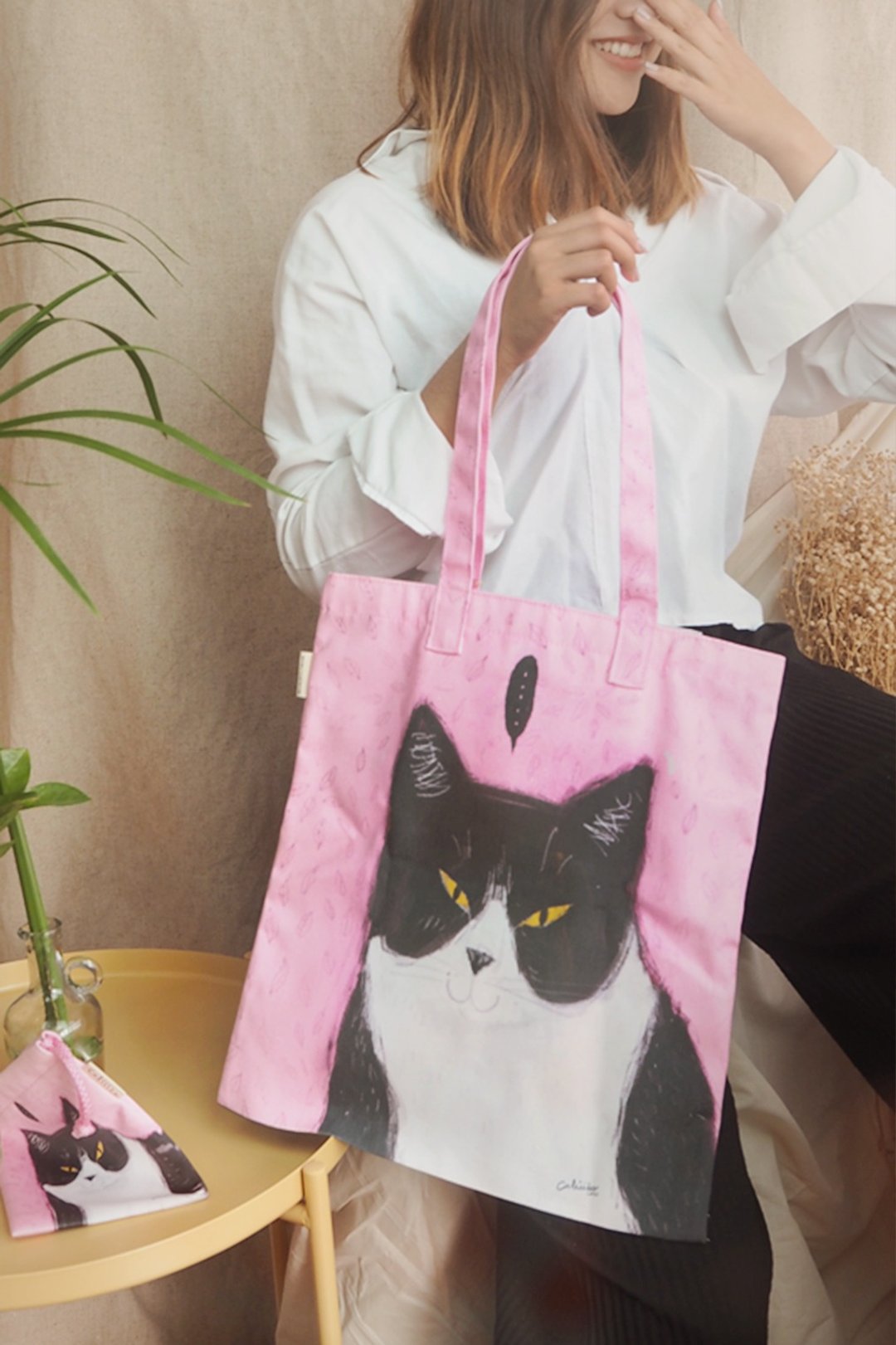 TOTE PRINT WITH CAT PINK - 手提包/手提袋 - 棉 粉红色