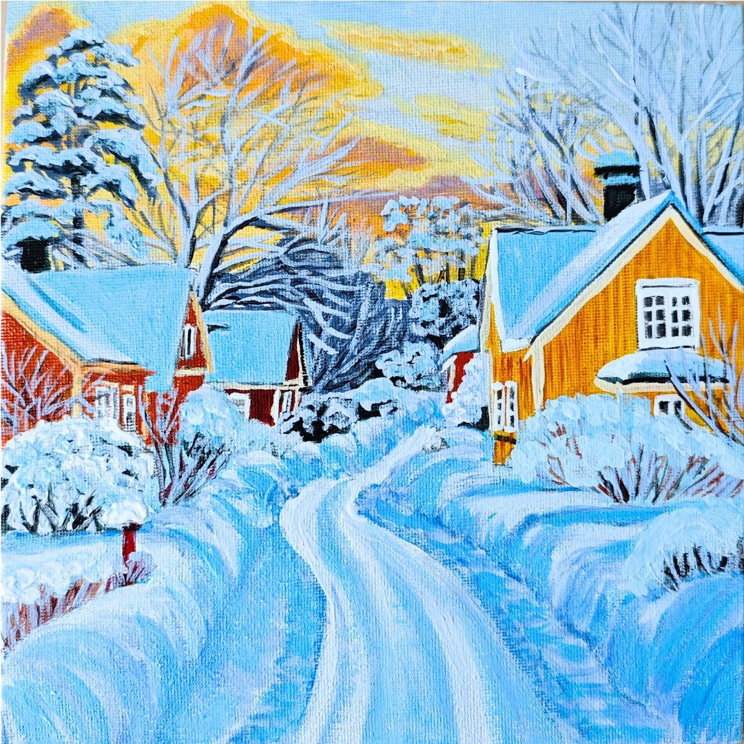 RinaArtSK 创作的日落雪景冬日村庄原创艺术方形画作 - 墙贴/壁贴 - 其他材质 多色