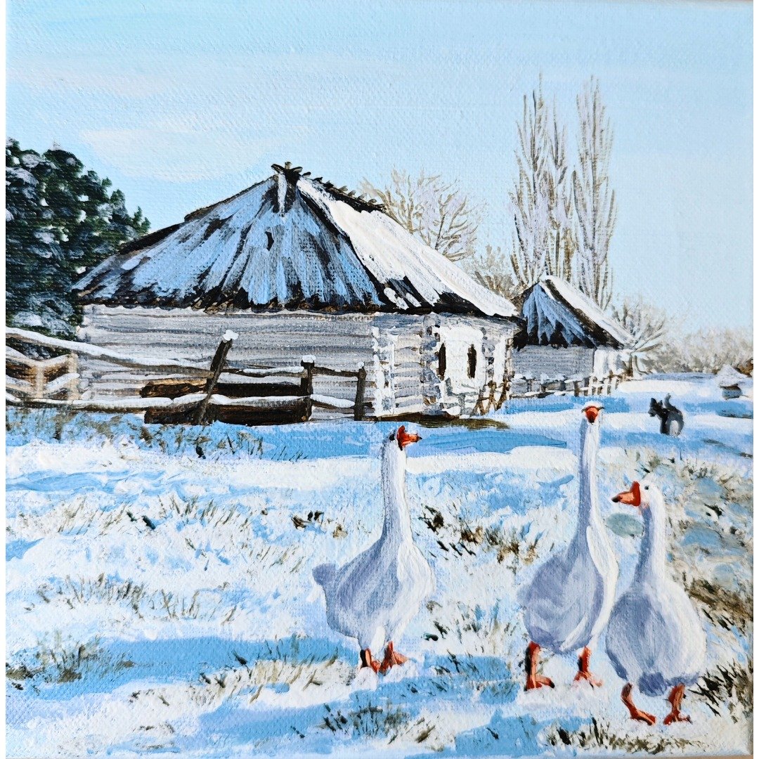 冬季乡村雪景中的鹅群 RinaArtSK原创油画作品 画布材质。 - 墙贴/壁贴 - 其他材质 多色