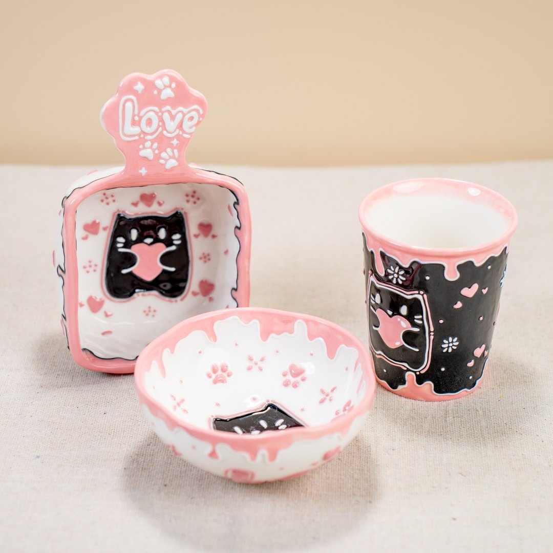 派对猫陶瓷厨具系列：粉红果皮盘/珠宝盘/零食碗 - 花瓶/陶器 - 陶 粉红色