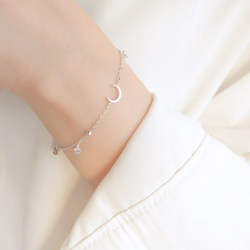 925纯银 锆石 月亮 星星 小钻 定制化刻字 手链 免费送礼包装 - 手链/手环 - 纯银 灰色