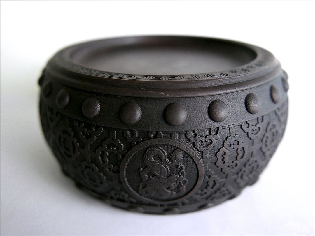 【生肖鼓砚 - 龙】15cm 双功能 石雕砚台 水盂笔洗-原石端砚名品 - 墨水 - 石头 咖啡色