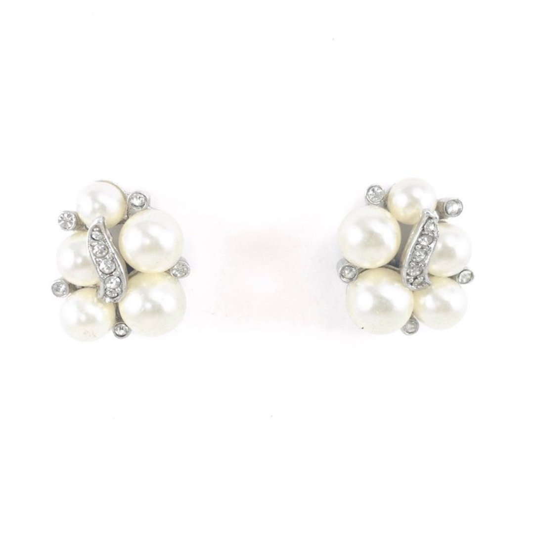 Vintage 60s Signed Marvella Pearl And Crystal Accented Earrings - 耳环/耳夹 - 贵金属 白色