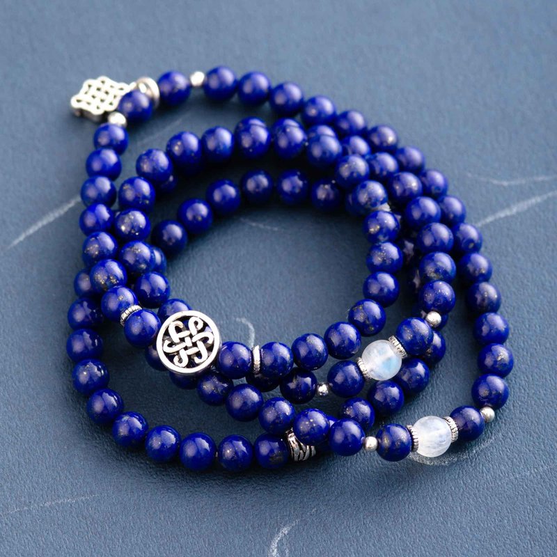 5A级少白纯净青金石念珠手链  925纯银月光石天然水晶108佛珠手链 - 手链/手环 - 水晶 蓝色