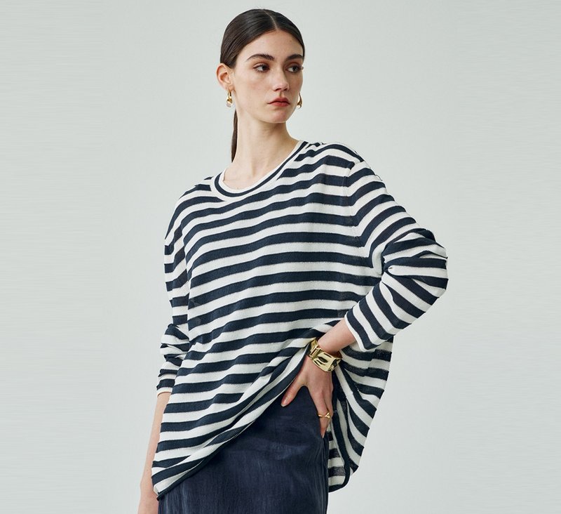 【和纸纱条纹】法式簡約/圆领显瘦/寬鬆T恤 - 女装 T 恤 - 其他材质 多色