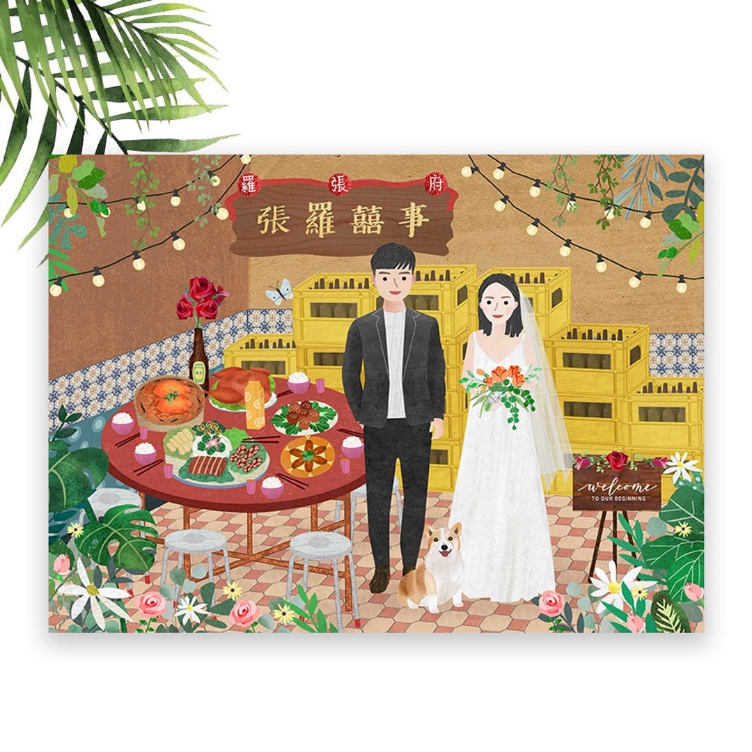 | 创意插画喜帖 | 似颜绘+定制场景(复古风) | 电子档|赠手机壁纸 - 电子喜帖/贺卡/邀请函 - 其他材质 