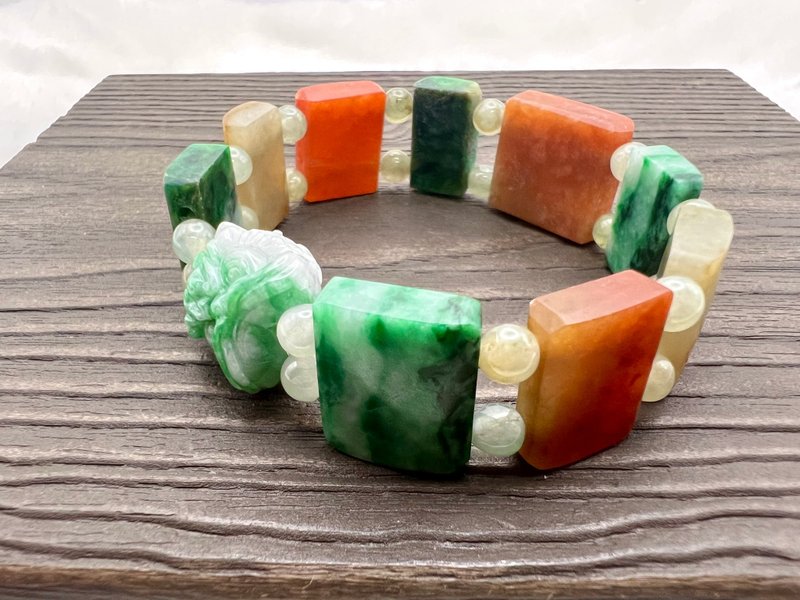 天然翡翠A老腾冲醒狮手牌手排手串/黄翡红翡/手围可调整/老料 - 手链/手环 - 玉石 绿色