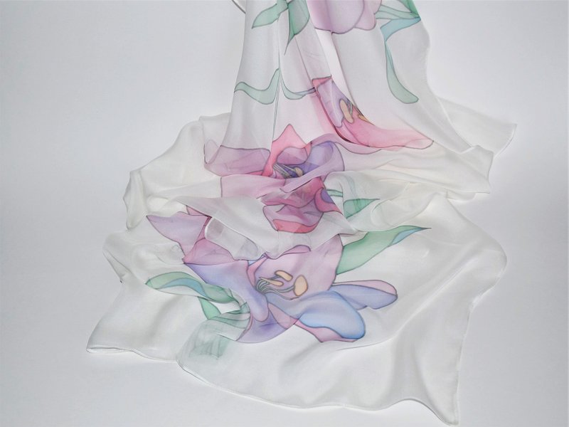 Pure silk hand painted scarf Floral silk scarf white silk hair scarf wedding - 丝巾 - 丝．绢 白色