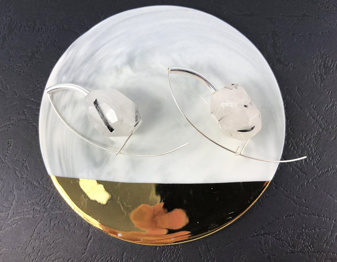 玛瑙925纯银耳环 水墨画 艺术耳环 独一无二的礼物 新年礼物 - 耳环/耳夹 - 纯银 透明