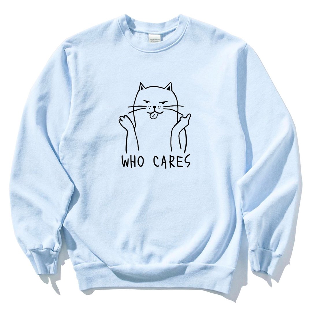 Who Cares Cat #2 中性大学T 刷毛 水蓝 狗猫毛小孩圣诞交换礼物 - 中性连帽卫衣/T 恤 - 棉 蓝色