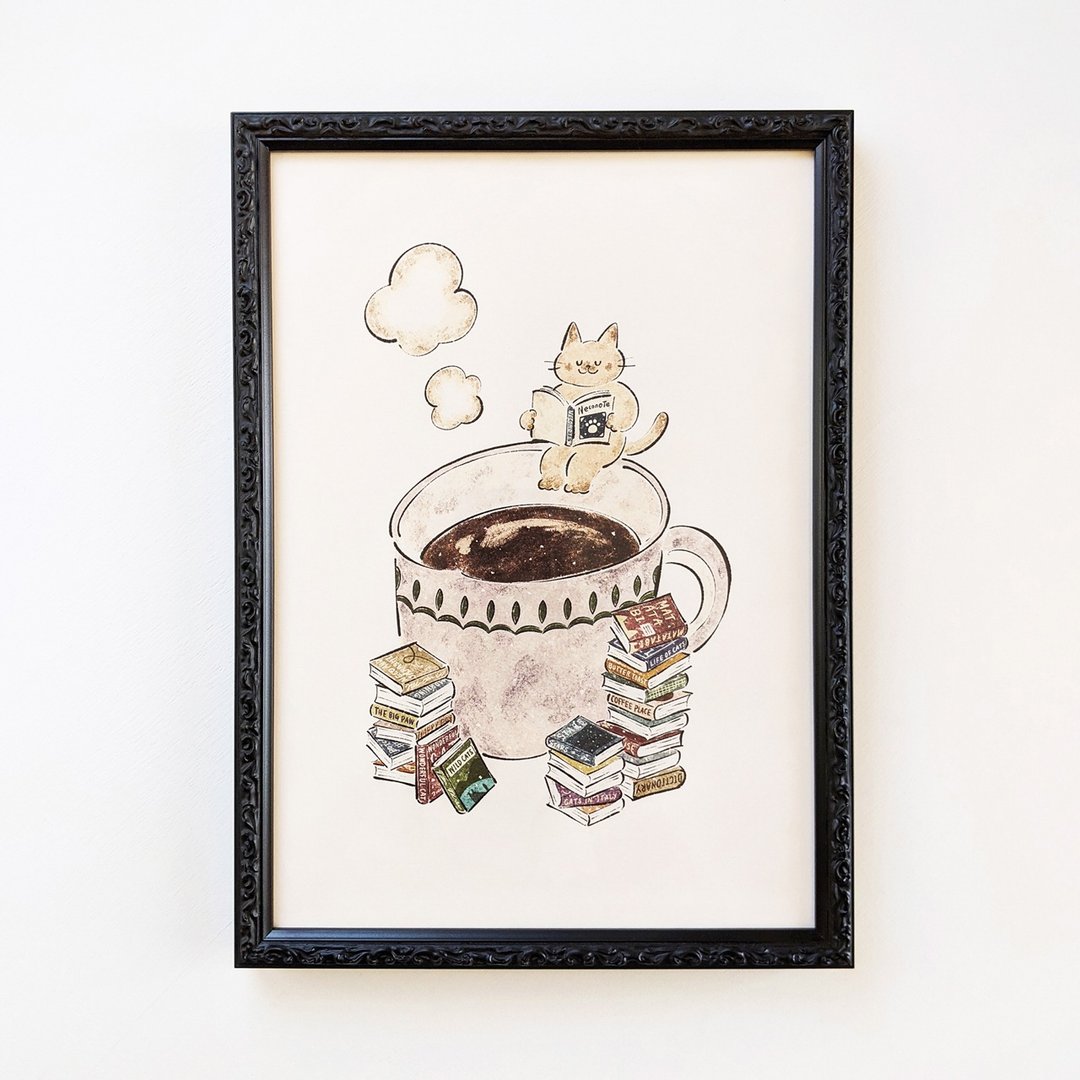 A4 Cat, coffee, and book Art print - 海报/装饰画/版画 - 纸 咖啡色