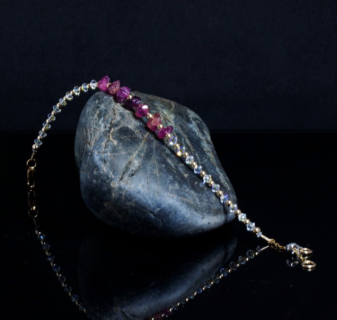 曰本 Cenfill 钢丝 宝石红碧玺 14K包金 GF Swarovski 水晶手链 - 手链/手环 - 宝石 