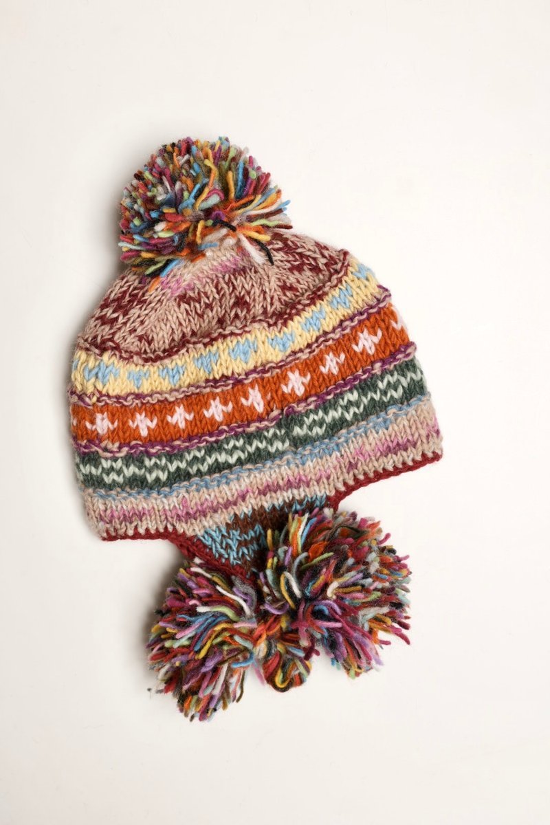 民族风黄粉三球辫子帽纯羊毛线手工编织全衬防风毛帽子护耳帽保暖 - 帽子 - 羊毛 粉红色