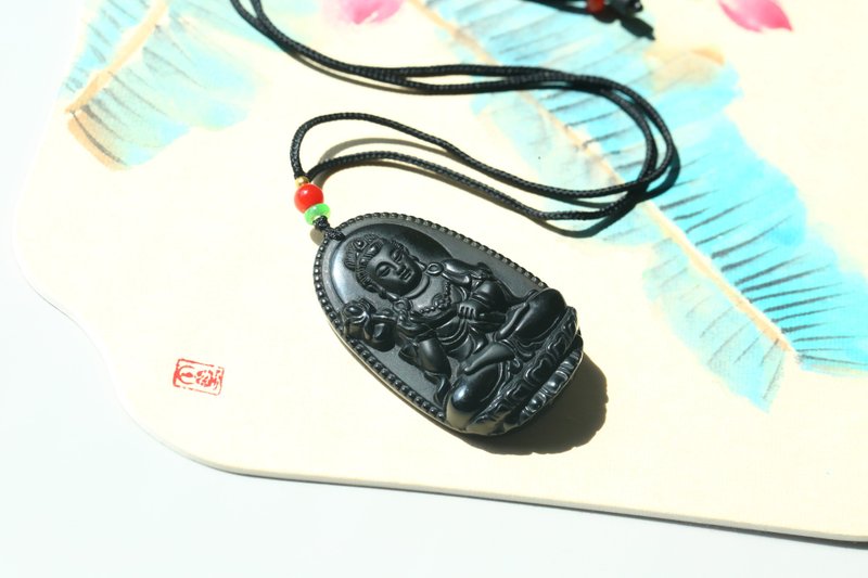 【大势至菩萨】黑曜石项链/十二生肖马挂件观音玉佩 - 项链 - 玉石 黑色