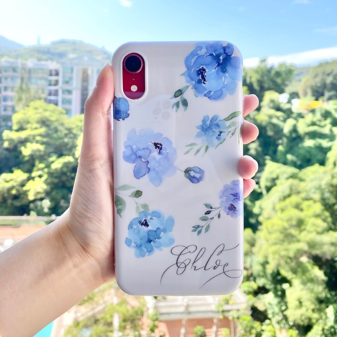 【定制化礼物】手机壳 iPhone 7~14  名字 水彩 碎花 包边 - 手机壳/手机套 - 塑料 蓝色