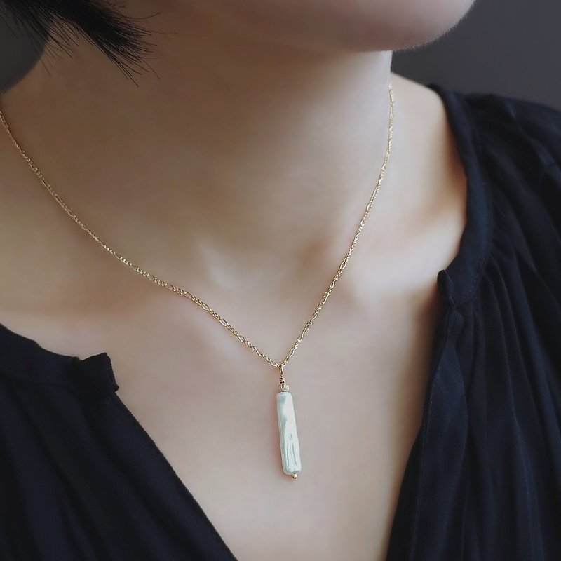 巴洛克淡水珍珠 长条形 14Kgf 包金项链 费加洛款 | 复古唐顿 - 项链 - 珍珠 白色