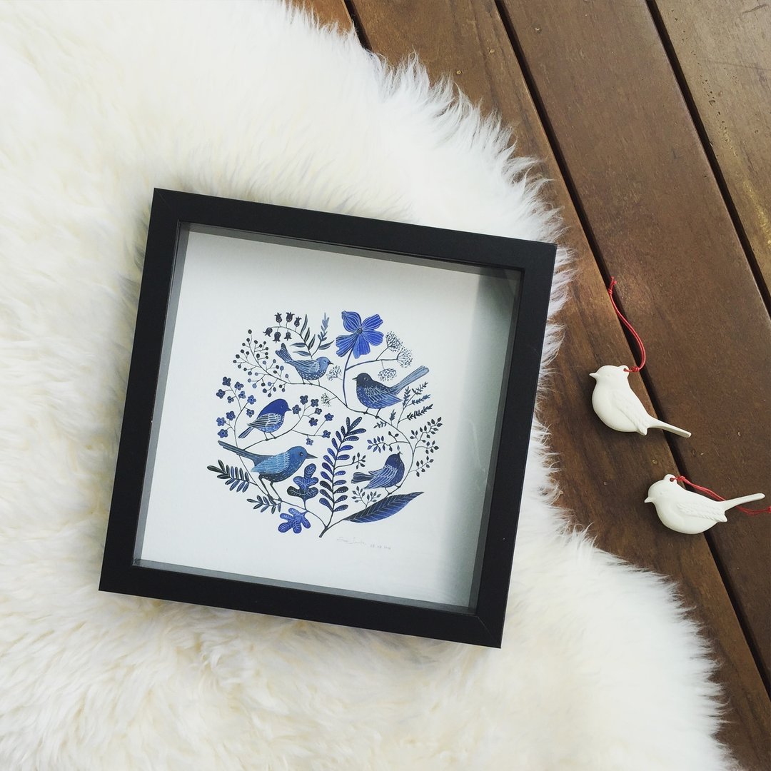 Indigo Birds 8x8 Watercolour Art Print - 海报/装饰画/版画 - 纸 