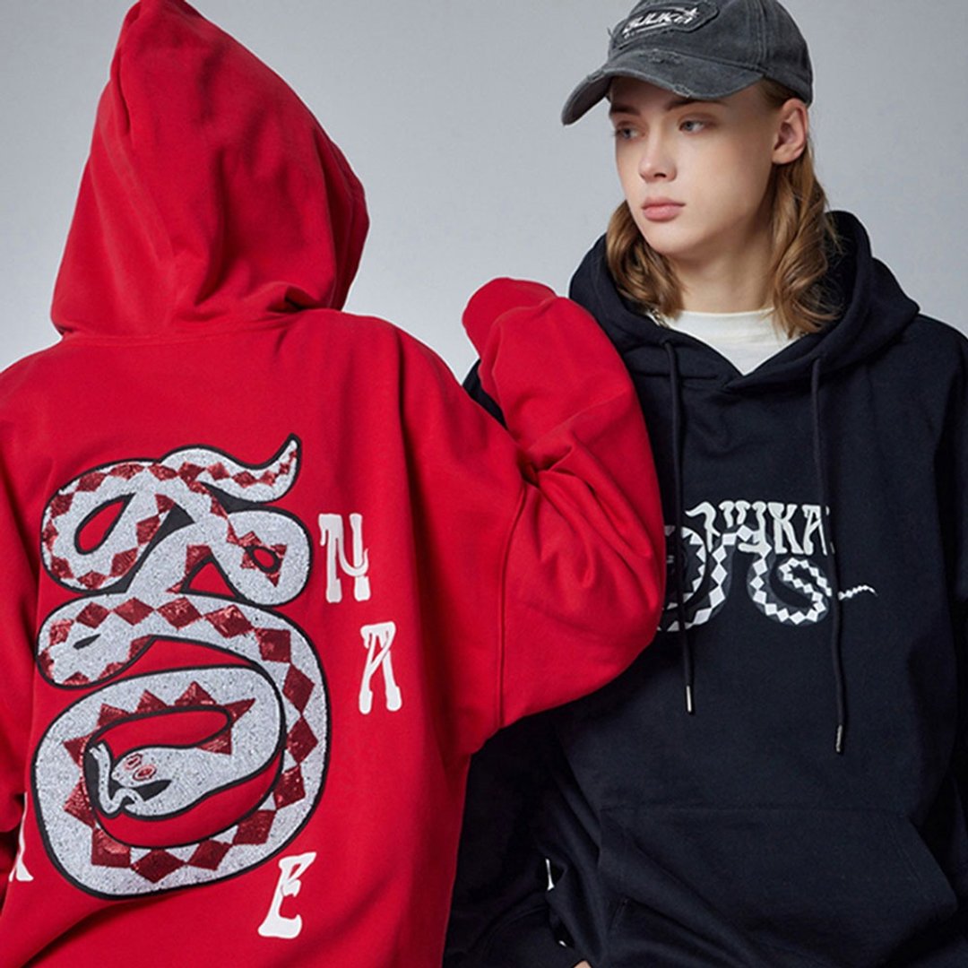 蛇年本命年衣服红色女士加绒连帽卫衣 情侣珠片刺绣帽衫男 - 中性连帽卫衣/T 恤 - 棉 红色