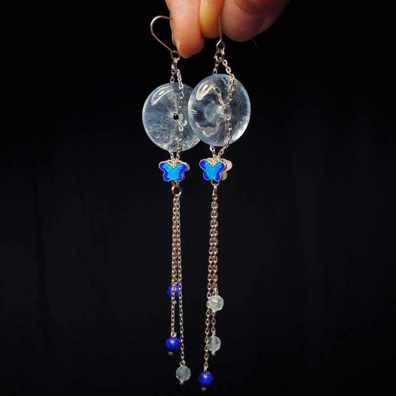 天然 彩虹 星光海蓝宝 平安扣 珐琅 青金石 流苏 富贵 耳环 单品 - 耳环/耳夹 - 宝石 蓝色