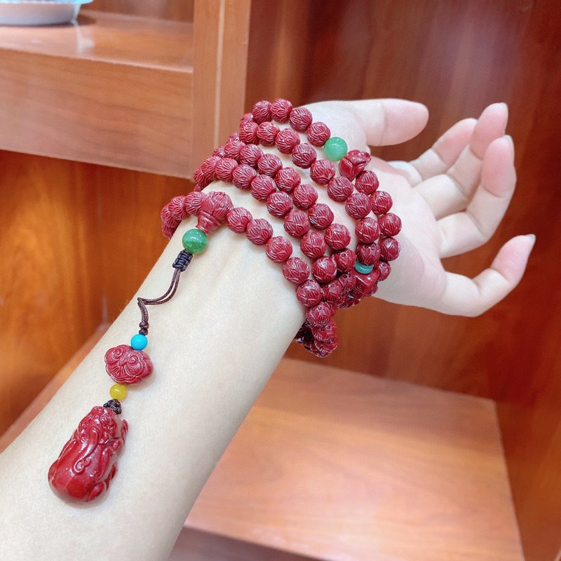 天然原矿朱砂 紫金砂莲花珠108佛珠手链 搭配天然和田碧玉 - 手链/手环 - 宝石 