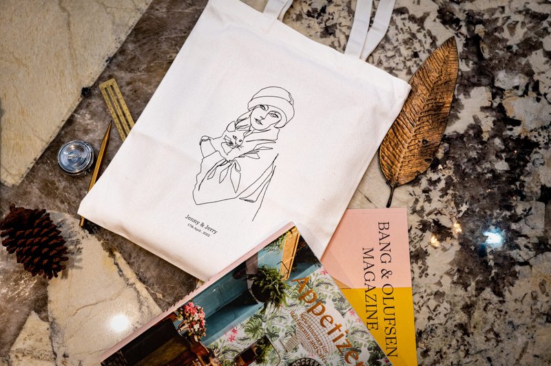 帆布袋加购 简约线条画 定制订制画 宠物画 生日礼物 定制化礼物 - 手提包/手提袋 - 棉．麻 