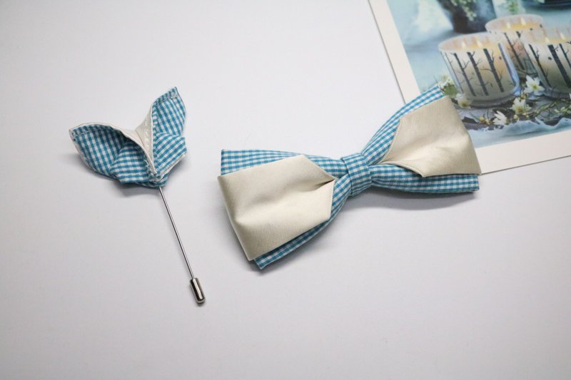 綠色格子撞色領結胸針套裝/英倫是時尚組合/婚禮神器 - 领结/领巾 - 棉．麻 多色