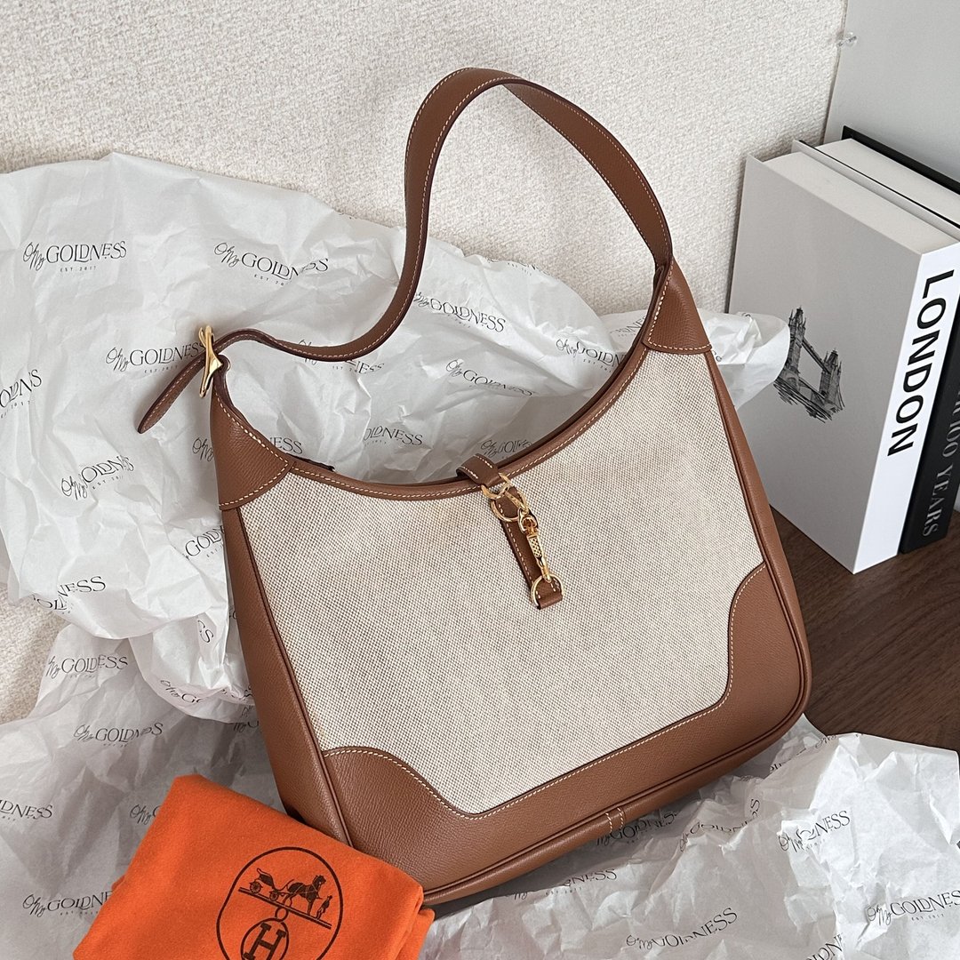 HERMÈS 爱马仕 Trim 金色 Barenia × 帆布 肩背包 - 侧背包/斜挎包 - 棉 白色