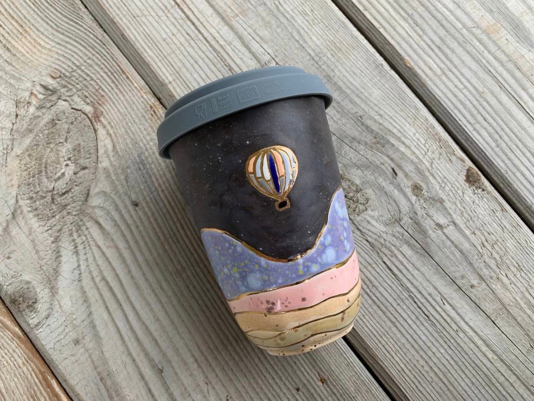 Double wall coffe cup, Pottery mug, Mug with lid ceramic, travel coffee cup - 咖啡杯/马克杯 - 陶 多色