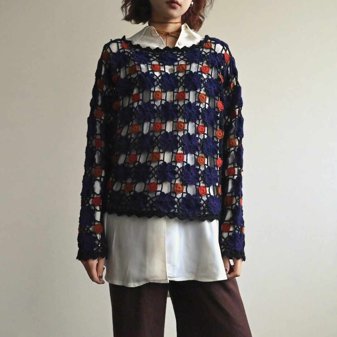 【NaSuBi Vintage】细致镂空织花对色古着针织上衣 - 女装针织衫/毛衣 - 其他人造纤维 