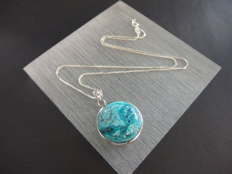 优质硅孔雀石/凤凰石纯银吊坠  Chrysocolla/Phoenix Stone Silver Pendant - 项链 - 宝石 蓝色