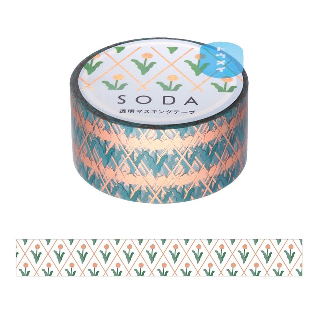 【HITOTOKI 】SODA 透明PET卷状胶带 粉金箔押款 20MM 蒲公英 - 纸胶带 - 其他材质 多色