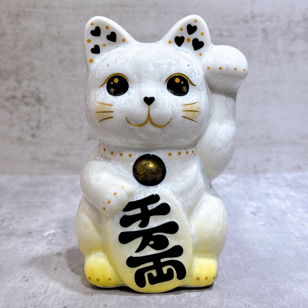 【黄晶聚福】日本清水烧招财猫 | 花结晶 黄白 - 千万両 左 - 摆饰 - 瓷 白色