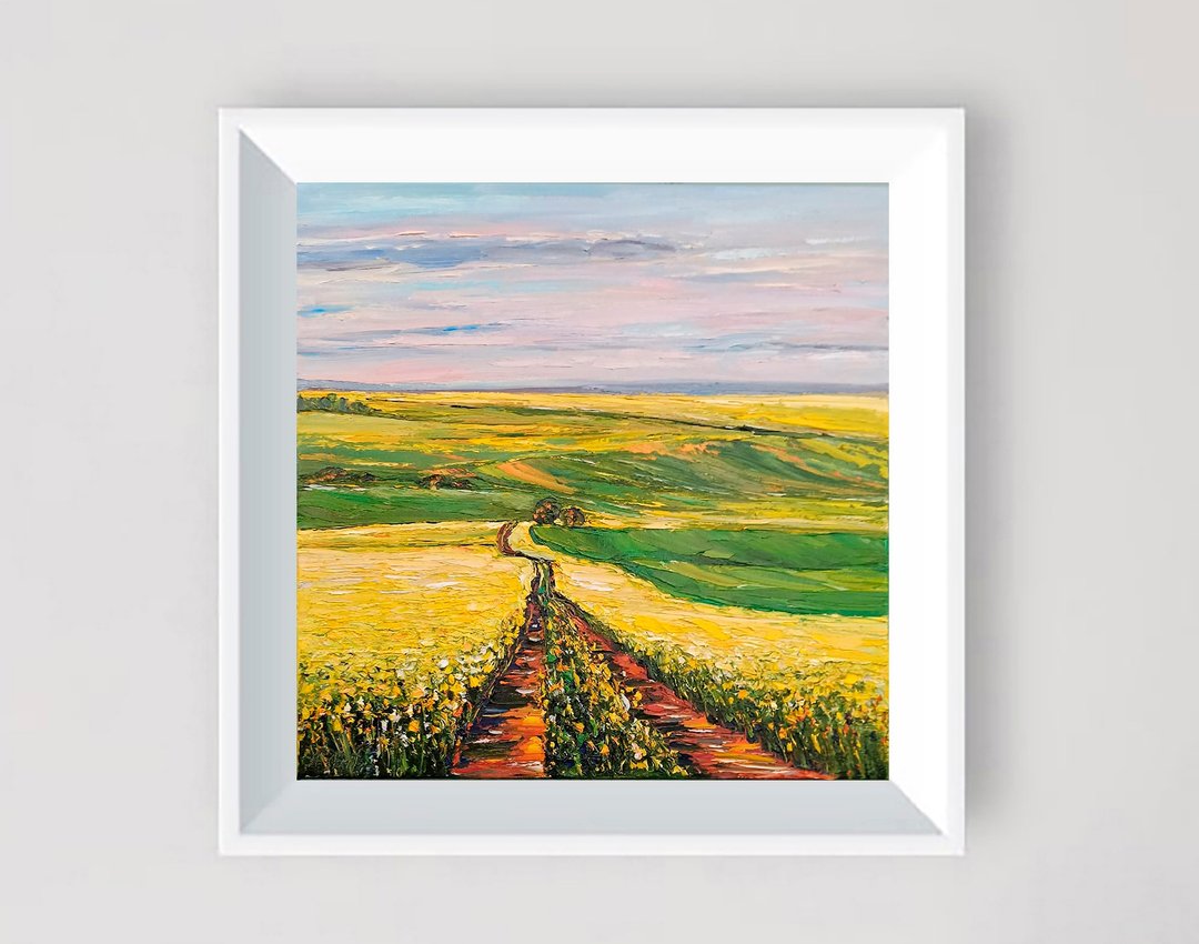 风景油画 Impasto Field 原创艺术花卉墙艺术花卉艺术品 - 海报/装饰画/版画 - 棉 黄色