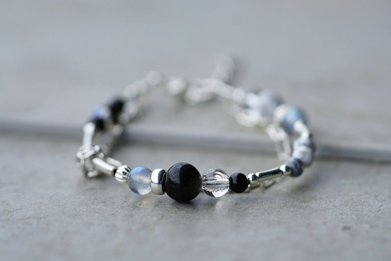 地壳 - 黑曜石 拉长石 白水晶 白纹石 925纯银 双链手链 - 手链/手环 - 半宝石 灰色