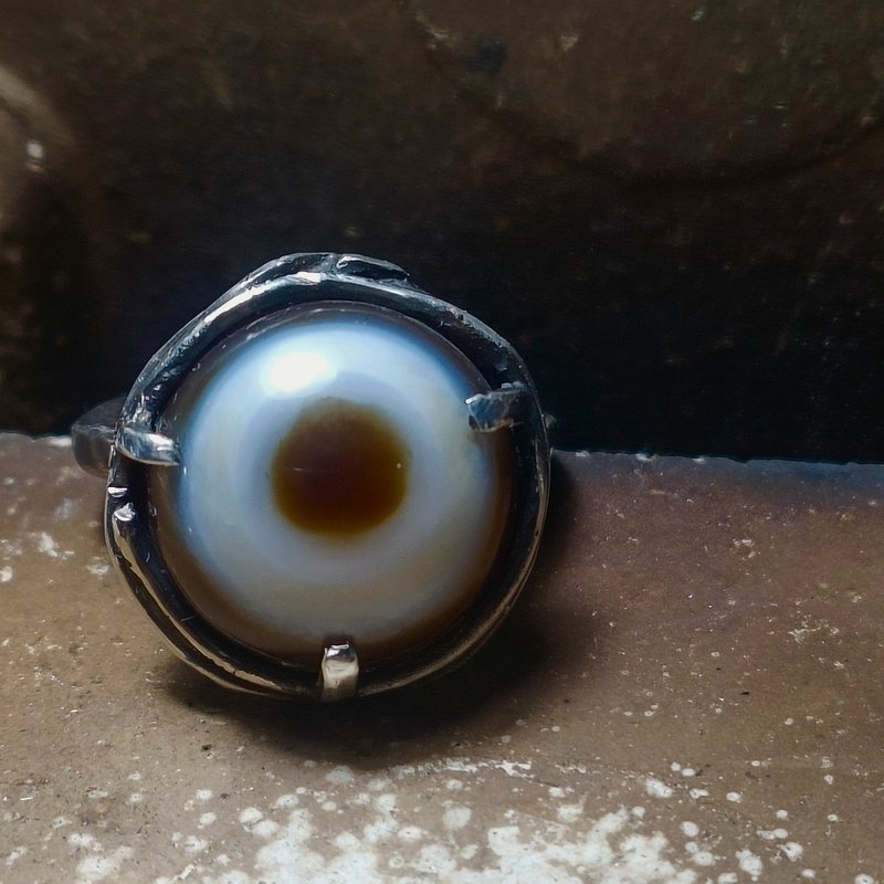 带眼玛瑙银戒指 - 戒指 - 宝石 白色