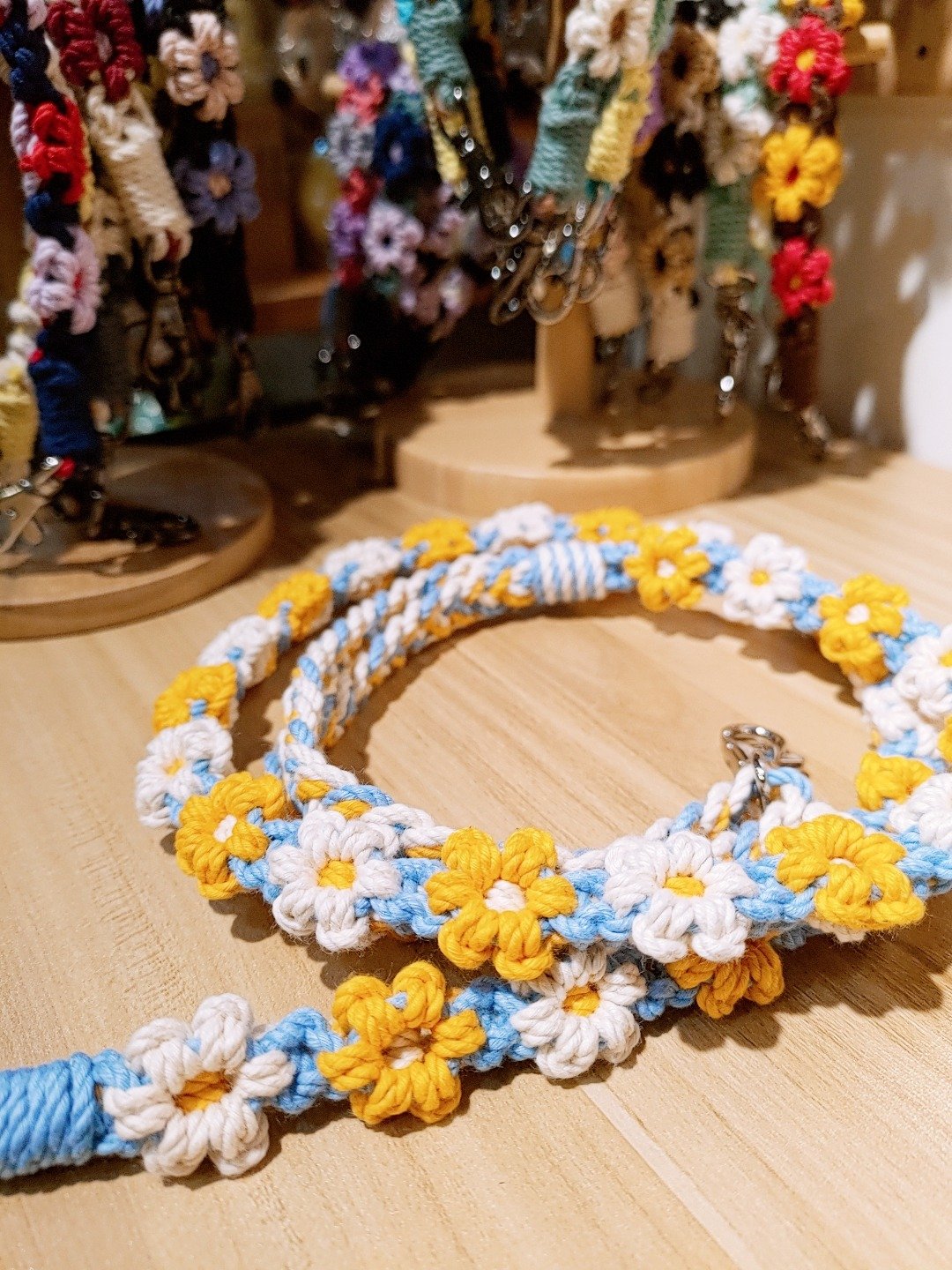 可调/全花固定长度双色花花手机挂绳背带-天空蓝+金黄+天然白 - 挂绳/吊绳 - 棉 蓝色