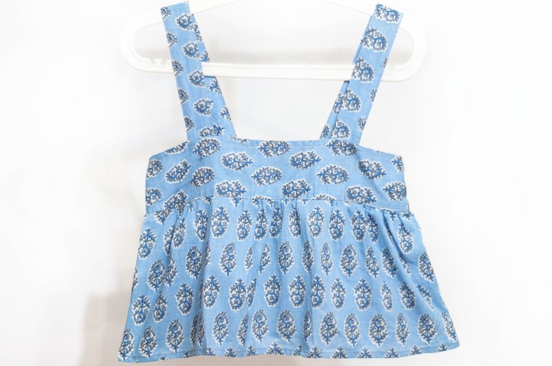 女装木刻印纯棉上衣 印度棉手工盖印背心 宽版吊带背心小可爱-花 - 女装背心 - 棉．麻 蓝色