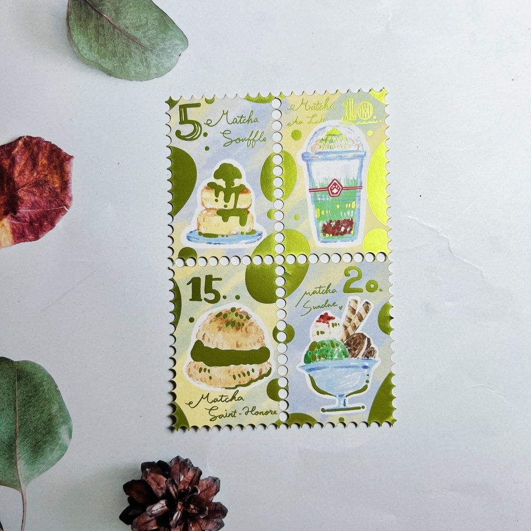 抹茶甜点烫金邮票贴纸 - 贴纸 - 纸 绿色