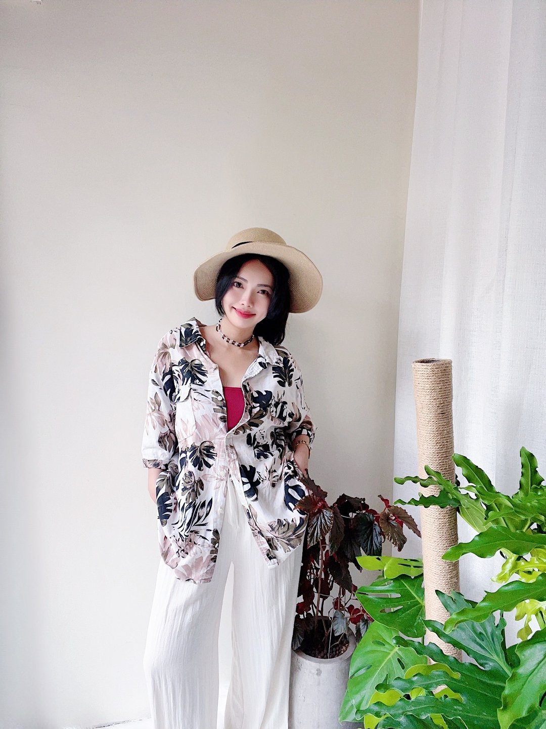 夏季艳阳满花图腾 古着麻混丝夏威夷 衬衫上衣vintageAloha Shirt - 女装衬衫 - 棉 多色