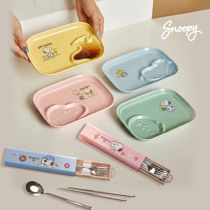 Snoopy史努比 陶瓷造型2入餐盘+304不锈钢餐具4件组(6件超值选) - 餐刀/叉/匙组合 - 不锈钢 