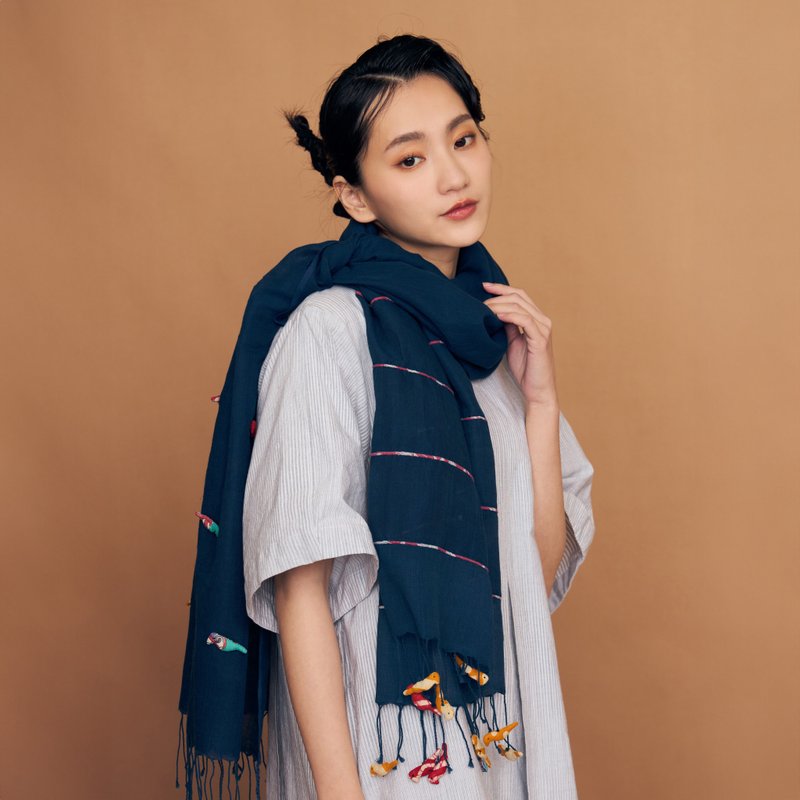 树梢小雀有机棉围巾_公平贸易 - 围巾/披肩 - 棉．麻 蓝色
